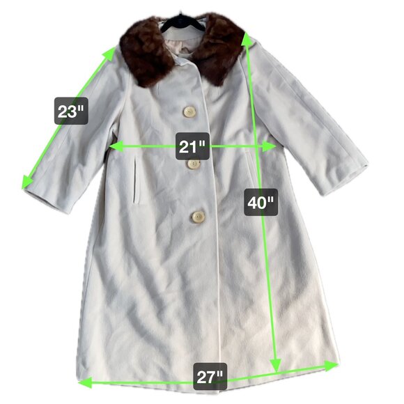 Vintage 100% Cashmere Coat Size Medium Mink Fur Collar MCM 60s 50s 3/4 Sleeves - Picture 3 of 13